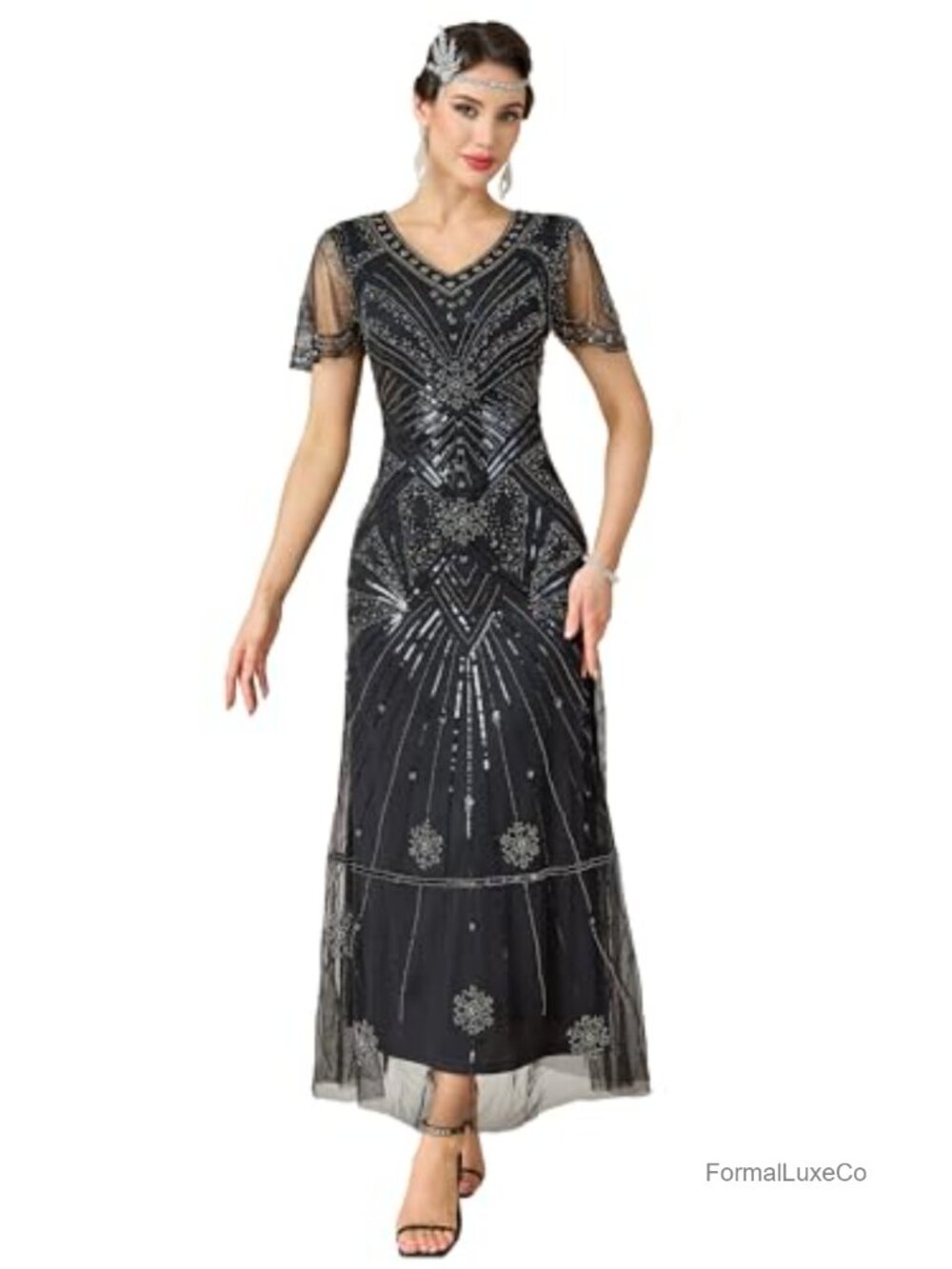 Women's Flapper Dress 1920s V-Neck Sequin Beaded Maxi Evening Gown